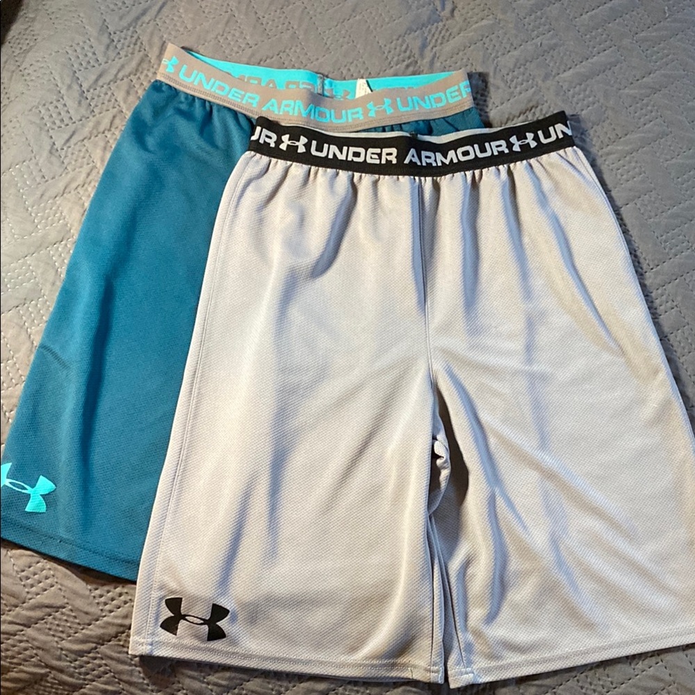 Under Armour YL Shorts - 2 pair great condition, 1 small pull, no pockets